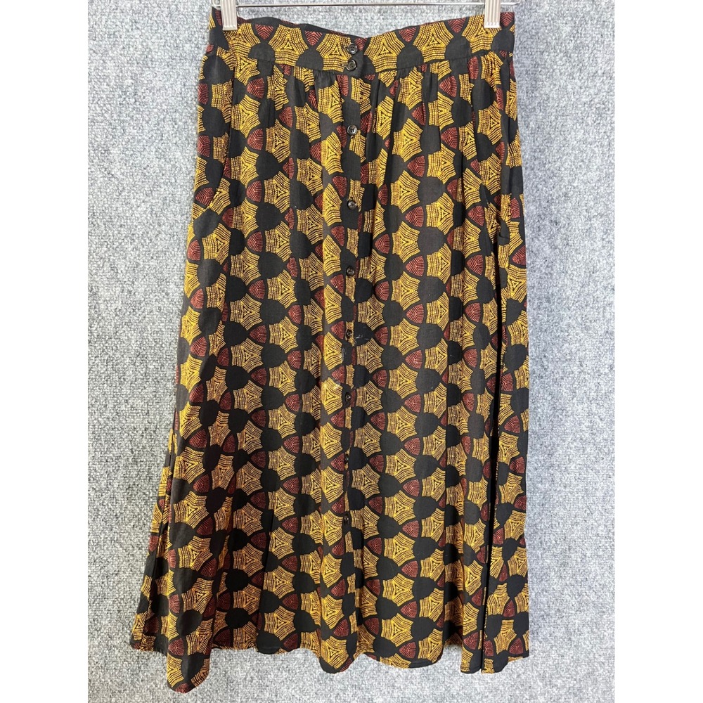 MNG Boho Festival Button Front Midi Skirt‎ Geometric Print Viscose Black Small